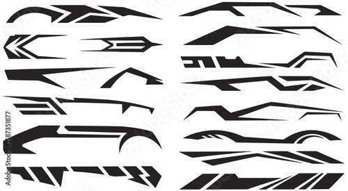Racing Stripes and Car Decals on Black Background Including Tuning Stickers and Finish Line Flags Ideal for Motorsport-Themed Graphics, Vehicle Wraps, and Race Projects

