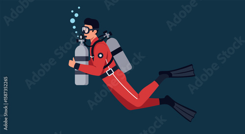 Diver in Red Diving Suit Underwater