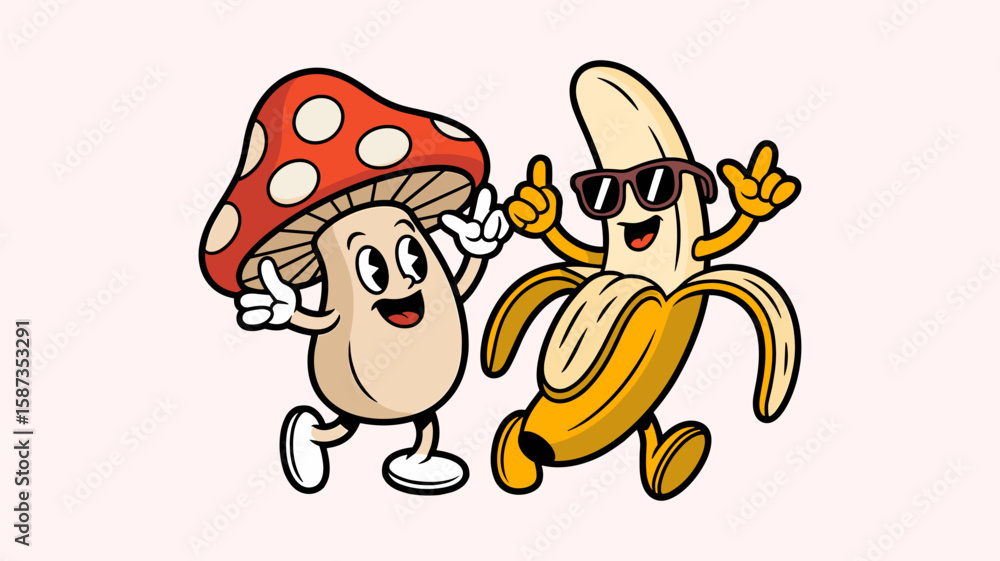 Fototapeta premium Fun cartoon mushroom and banana characters dancing together