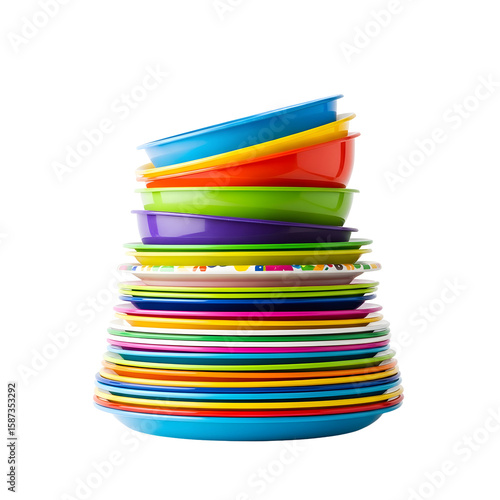 Stack of brightly colored plastic dishware