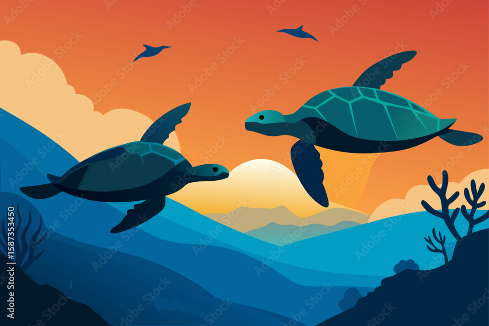 Fototapeta premium A cartoon illustration of a dolphin and a shark swimming peacefully in the deep blue ocean