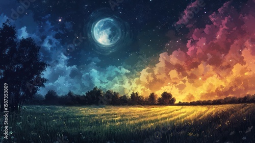 Dreamscape nocturne with serene meadow and celestial moonlight illumination