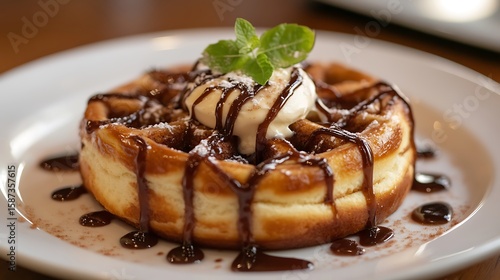 A warm cinnamon roll with icing drizzled on top