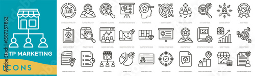 STP Market line icon set. Market Segmentation Chart, Customer Profile Map, Demographic Analysis Tool, Psychographic Segment Board, Brand Perception and Geographic Segment