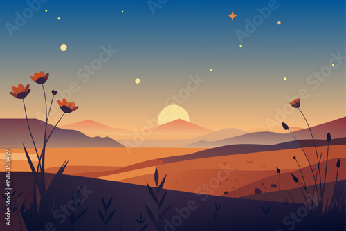 Majestic mountain peaks pierce the sky at dusk, bathed in the fiery hues of a desert sunset