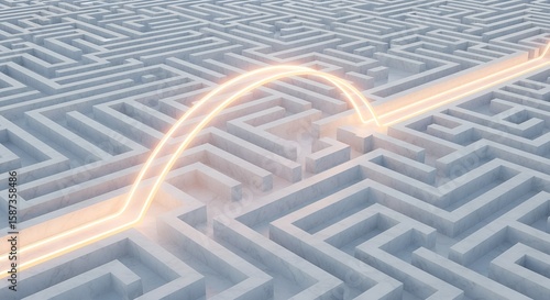 A glowing golden light stream represents a heuristic shortcut, elegantly bridging over a complex white marble labyrinth, symbolizing an efficient solution in the realm of algorithms as living