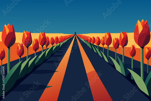 A lone car travels on the red bridge over the river under a clear sky