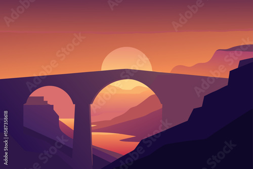 An orange evening sun silhouettes a bridge over a river, with the mountains and landscape reflected in the water
