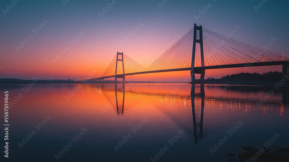 Fototapeta premium River - Crossing Bridge Sunrise: Bridge and Water Reflection, Render Romantic Orange - Purple Morning Light