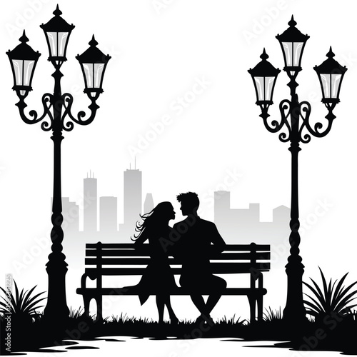 Couple on bench under streetlights with city skyline romance