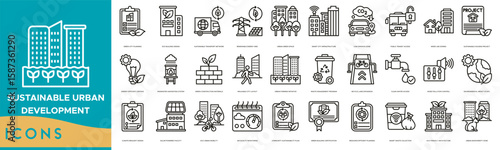 Sustainable Urban Development Icon set. Green City Planning, Eco Building Design, Sustainable Transport Network, Renewable Energy Grid, Urban Green Space and Smart City Infrastructure