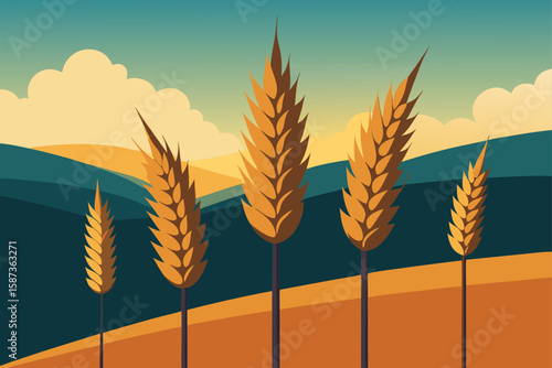 Golden ears of wheat sway in a tranquil autumn field at sunset, a rich harvest of nature's finest grain