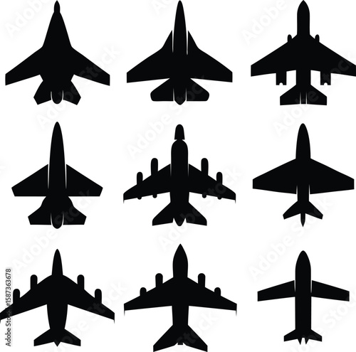 Top View Jet and Airplane Silhouettes Vector Set.