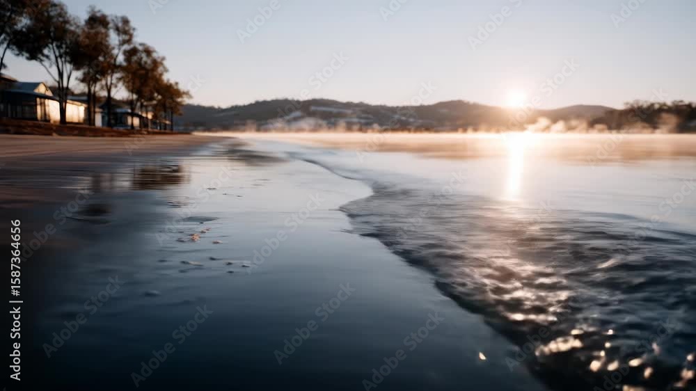 Sunrise beach wave, misty lake, buildings background