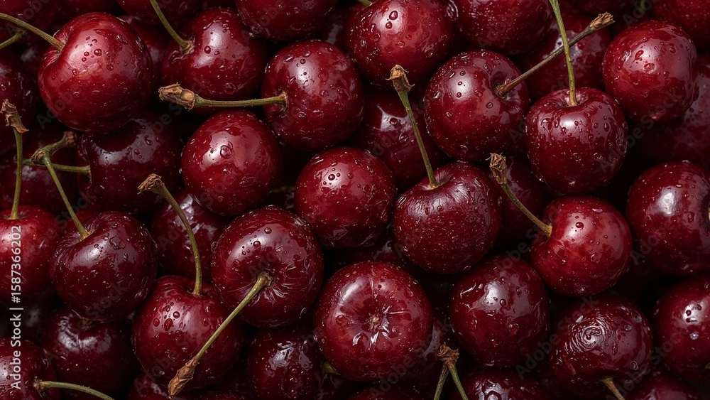 A close-up view of many ripe, red cherries glistening with water droplets. A close-up view of many ripe, red cherries glistening with water droplets.