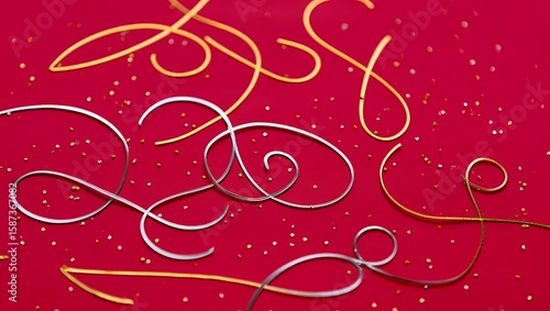 Japanese Mizuhiki Flow: Abstract Gold & Silver Cords on a Red Frame Background
