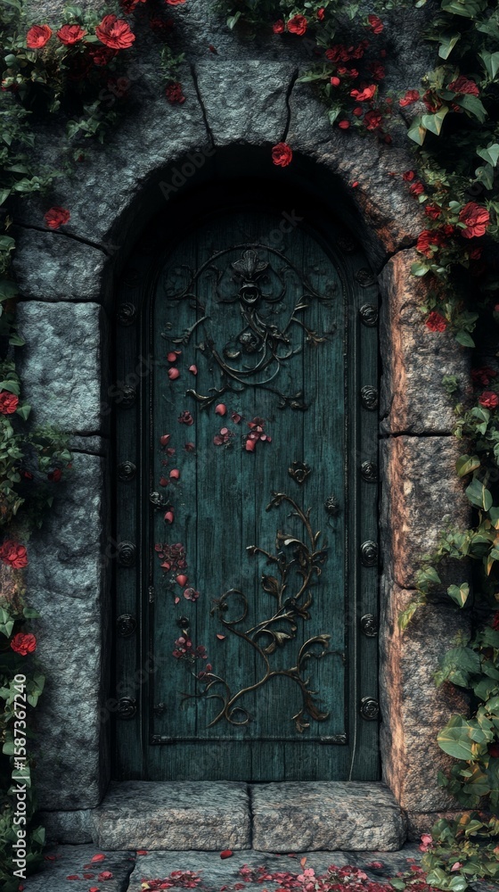 Stone Archway with Wooden Door and Red Flowers Stone Archway with Wooden Door and Red Flowers