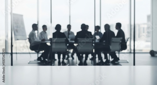Strategic Business Meeting Corporate Office Group Discussion Sleek Environment Silhouetted Viewpoint Collaboration and Decision-Making Dynamics