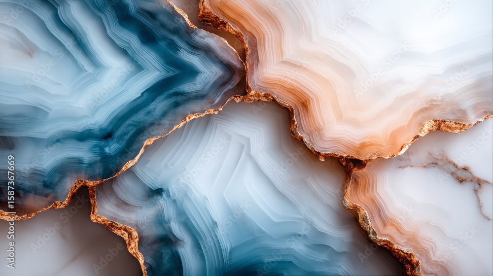 Fototapeta premium Cyan blush and white marble texture with gold veins layered abstract pattern background