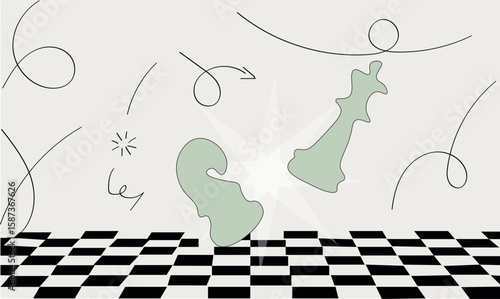 Chess pieces clashing in an illustrated style, displaying a dynamic, engaging competition on a checkered game board, transparent background