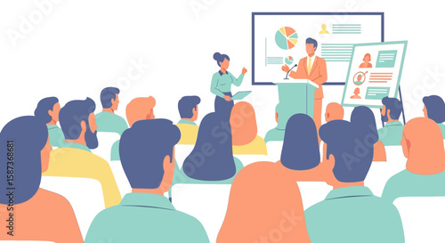 Business Presentation Speaker at Podium with Audience Illustration.