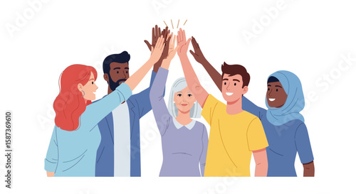 Diverse Group HighFiving Celebrating Unity and Teamwork.