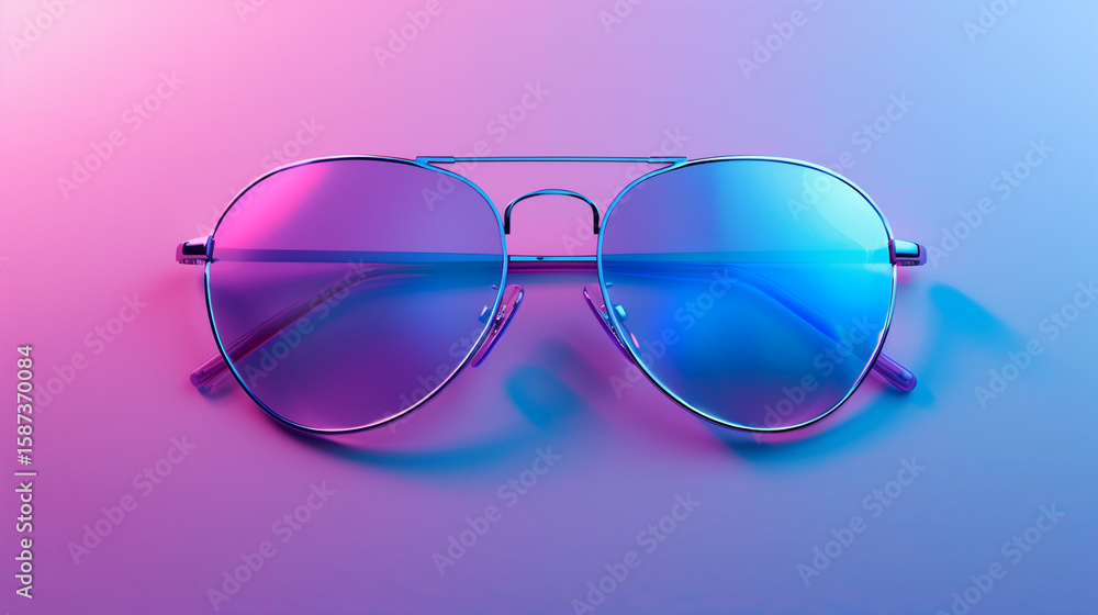 Stylish Round Blue-Tinted Sunglasses on a Glossy Iridescent Pink and Purple Silk Surface with Futuristic Neon Lighting A Modern Fashion Accessory Concept Highlighting Retro Vibes and Vibrant Color Stylish Round Blue-Tinted Sunglasses on a Glossy Iridescent Pink and Purple Silk Surface with Futuristic Neon Lighting A Modern Fashion Accessory Concept Highlighting Retro Vibes and Vibrant Color