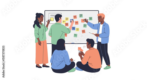 Diverse Team Collaborating Brainstorming Ideas on Whiteboard with Sticky Notes.