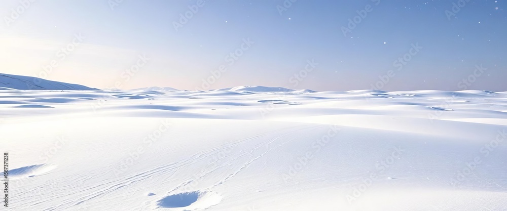 Obraz premium Vast, pristine snowdrifts under a winter snowfall, empty landscape, background, winter wonderland