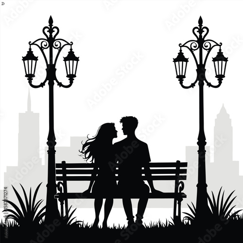 Couple sitting on bench under street lamps with city skyline romantic