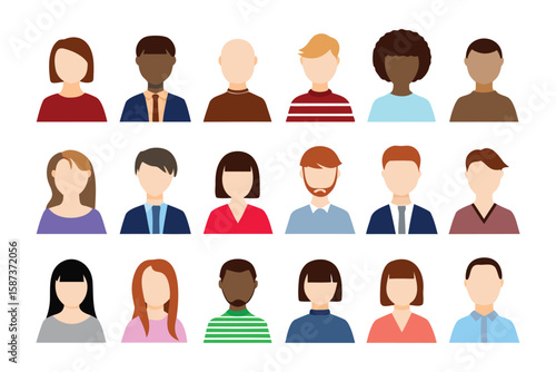 Diverse Avatar Collection: A vibrant collection of flat-design avatars representing people from diverse backgrounds, each portraying individuality and uniqueness. Ideal for websites, applications.