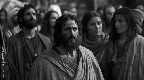 Monochromatic portrayal of people with contemplative expressions in antiquity setting