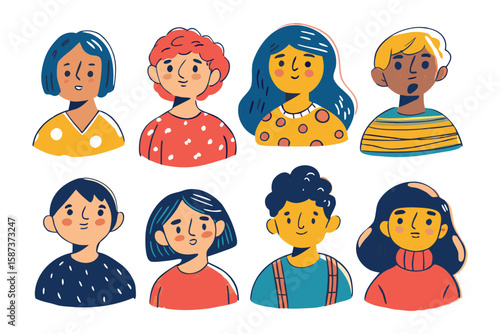 Diverse Expressions: A collection of stylized illustrated faces, showcasing a range of unique expressions and features. This collection celebrates individuality and diverse representation.