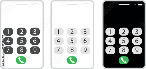 Three smartphones displaying number pads and a call button are presented in a light and dark theme design, transparent background