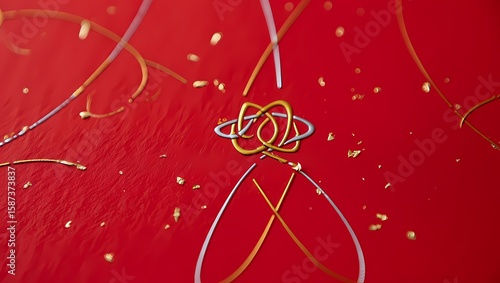Japanese Mizuhiki Knot Art: Golden & Silver Musubi on a Red Decorative Frame.