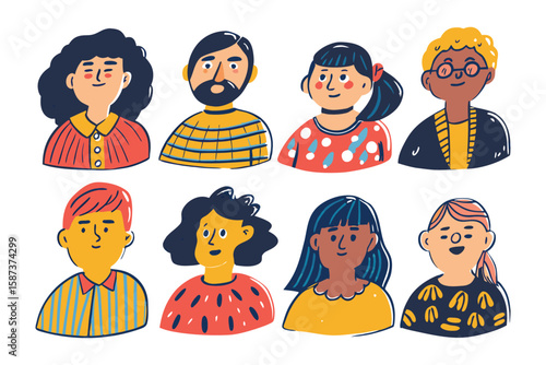 Diverse Portraits Illustration: A vibrant collection of eight diverse portraits, each with a unique personality and style, showcasing the beauty of individuality and unity.
