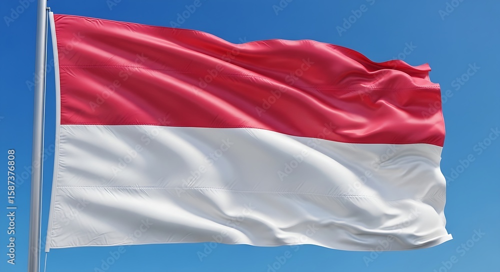 Naklejka premium Indonesian Flag Vibrant Red and White Undulating in a Clear Blue Sky. Indonesian Background Wallpaper