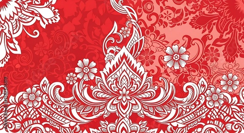 Indonesian Independence day Background Wallpaper. Red and White Floral Damask Intricate Paisley Design Vibrant Hues Artistic Textile Pattern.
