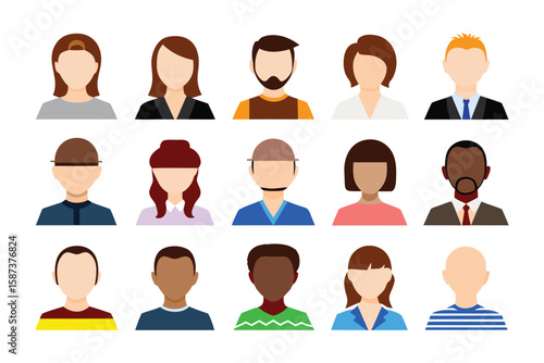 Diversity Person Icons: A collection of diverse, flat-style illustrations representing various genders, and ethnicities. These icons are suitable for use in websites and presentations.