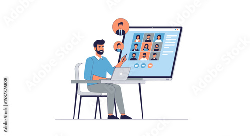 Bearded Man Leading a Virtual Meeting on Large Screen Presenting Data to Diverse Team.
