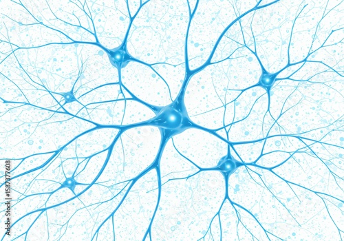 Neuron cells with axons and dendrites form a neural network illustration.