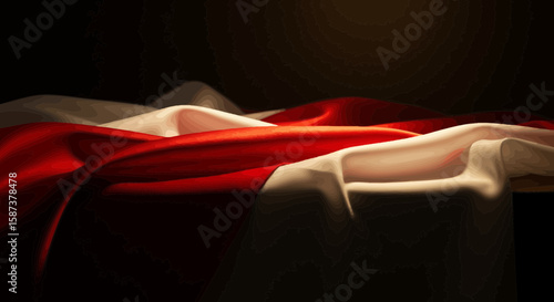 Abstract image featuring draped red and white silk fabric with dramatic lighting