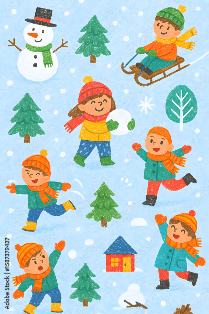 Kids Playing in Winter - Crayon Style Seamless Pattern with Snow Activities Kids Playing in Winter - Crayon Style Seamless Pattern with Snow Activities