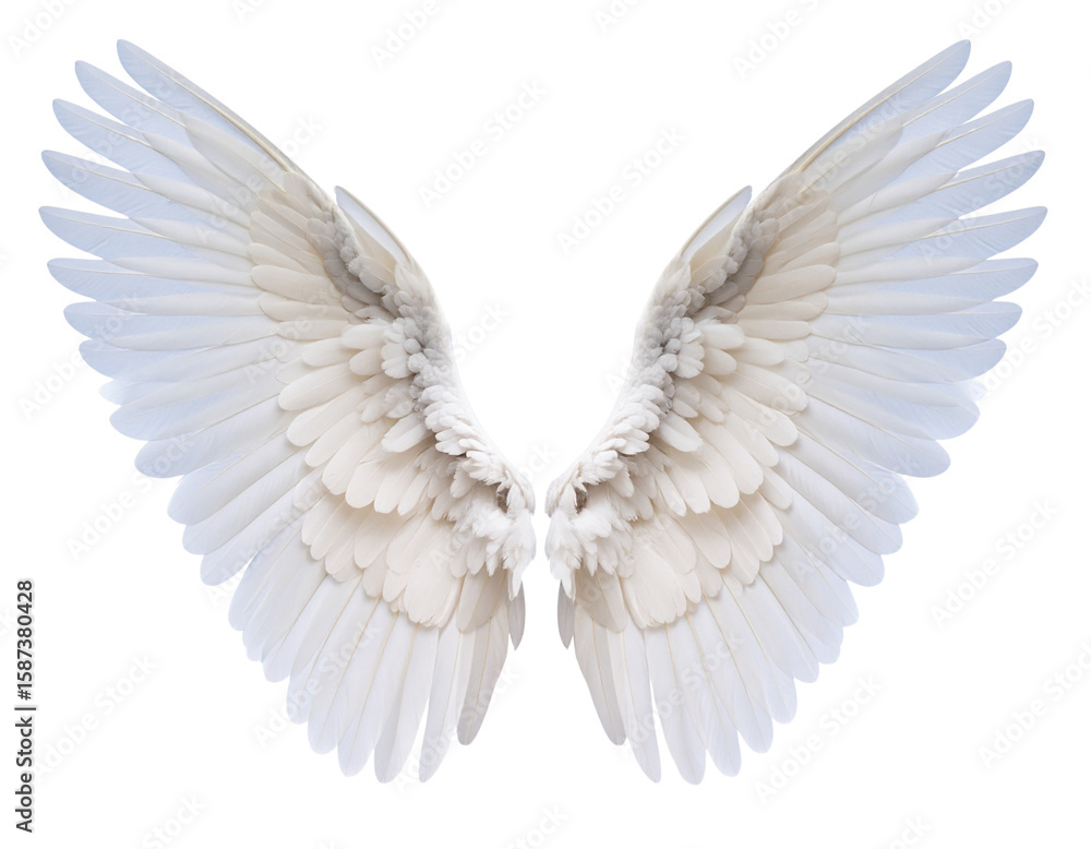 Fototapeta premium Symmetrical White Angel Wings Spread Open, Front View, Isolated