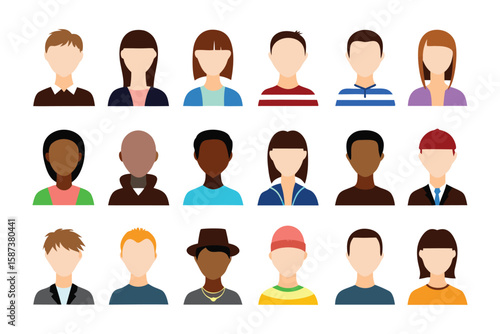 Diverse Crowd Icons: A colorful group of icons representing a diverse crowd, each with unique hairstyles and attire, fostering inclusivity and anonymity in a virtual world.