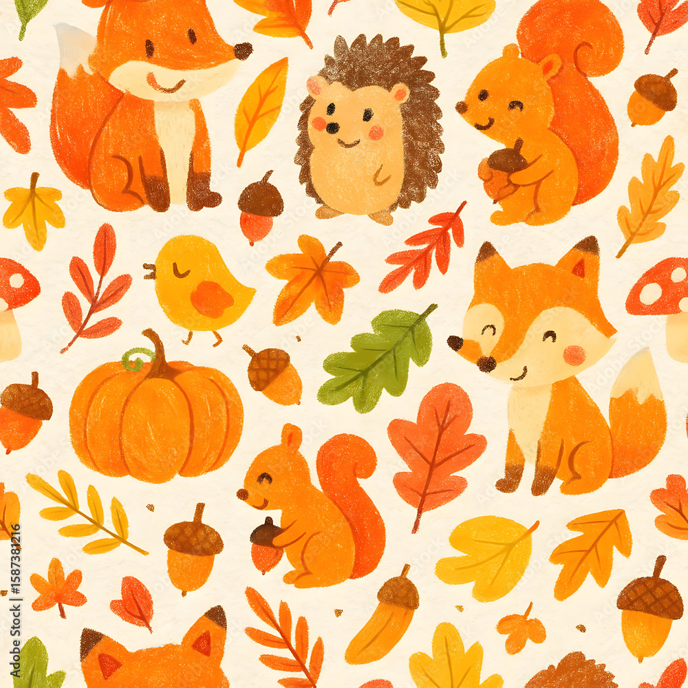 Obraz premium Cute Autumn Woodland Animals Seamless Pattern with Leaves and Pumpkins