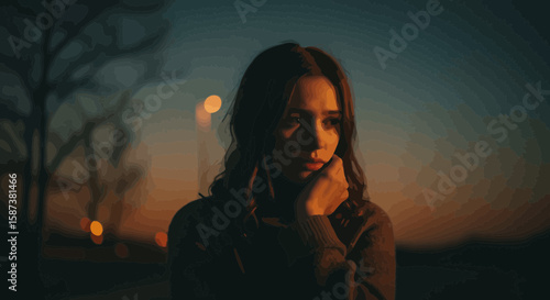 Thoughtful woman in contemplative pose with ambient lighting at dusk or dawn