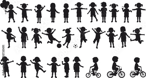 Silhouettes of children playing, biking, skipping, holding balloons, joyful outdoor activities, movement, community fun, childhood moments, vector illustration