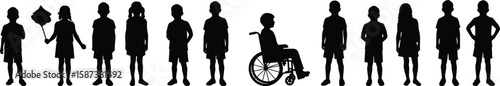 Diverse group of children silhouettes standing in row, including girl with balloon and child in wheelchair, inclusive community illustration