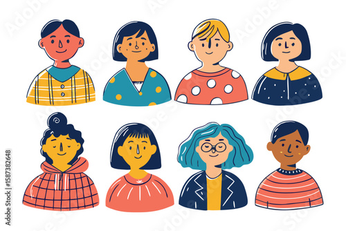 Diverse Portraits of People: A collection of charming illustrations of people, each with unique features and styles, embodying the diversity and individuality of society. 